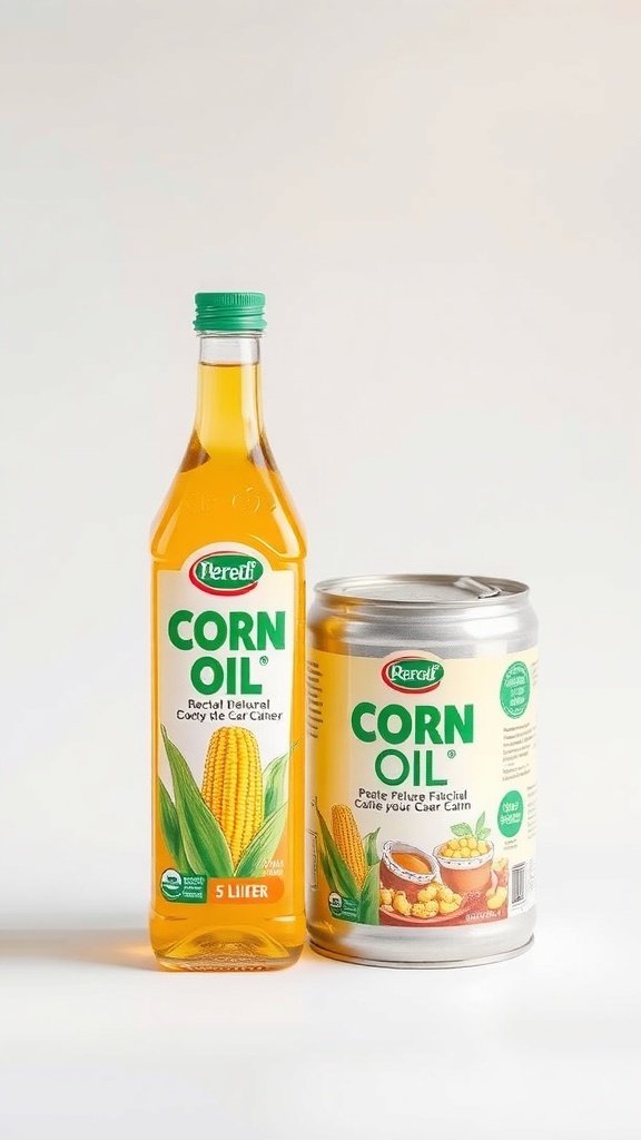Corn oil bottle and 5-liter can with vibrant corn graphics, showcasing modern and functional packaging design.